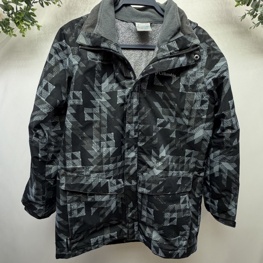 Columbia Interchange Omni-Tech Jacket Boys L Black Gray Geometric Hooded Outdoor